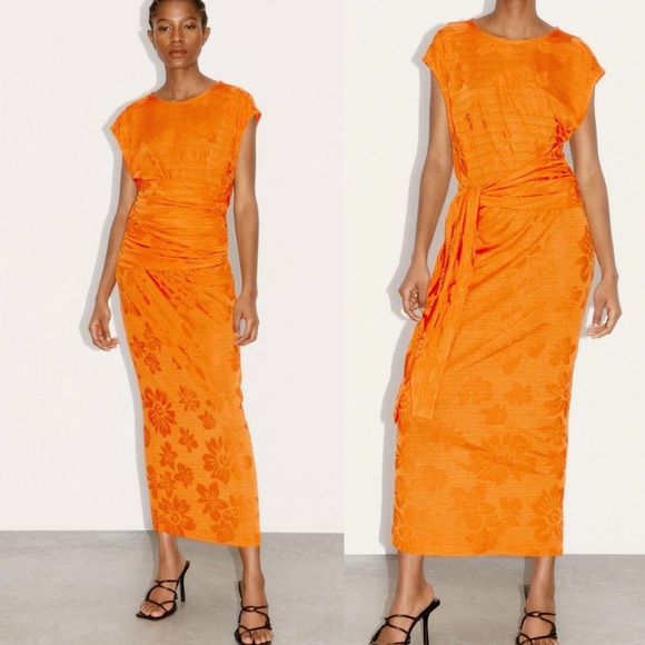 Zara Orange Floral Print Wrap Dress - Picture 1 of 8